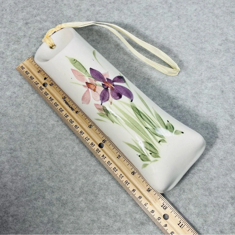 Studio Art Pottery Wall Pocket Vase Floral Hand Painted Iris 9.5” Ribbon Hanger‎